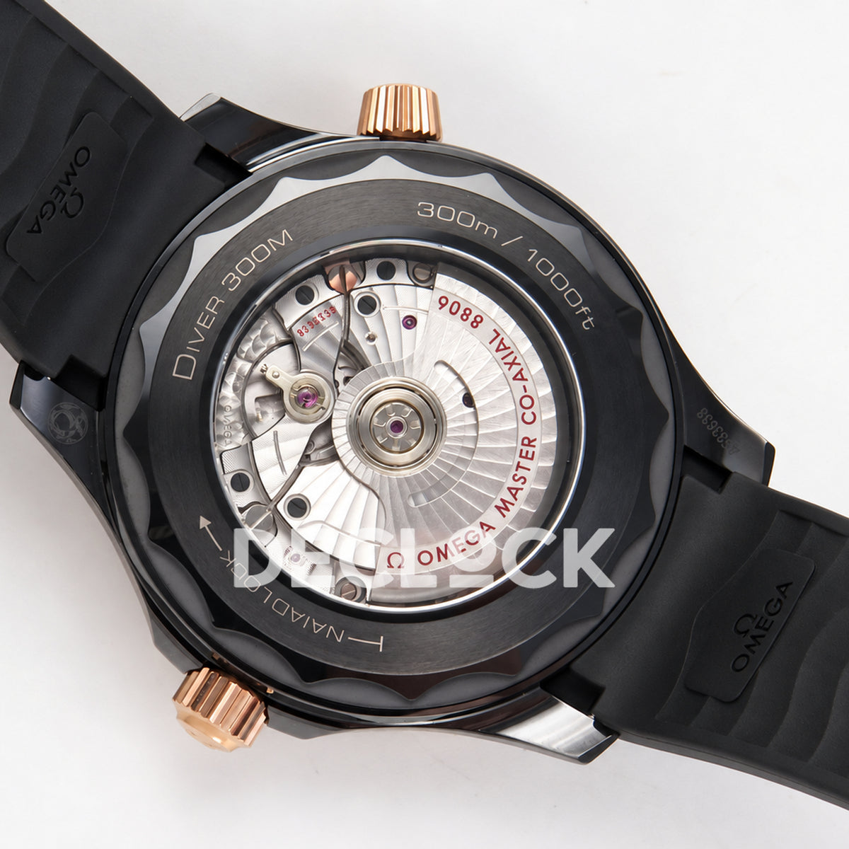 Omega Seamaster Diver 300M ORF black ceramic rose gold tone rubber 8806 Free Sprung — caseback view