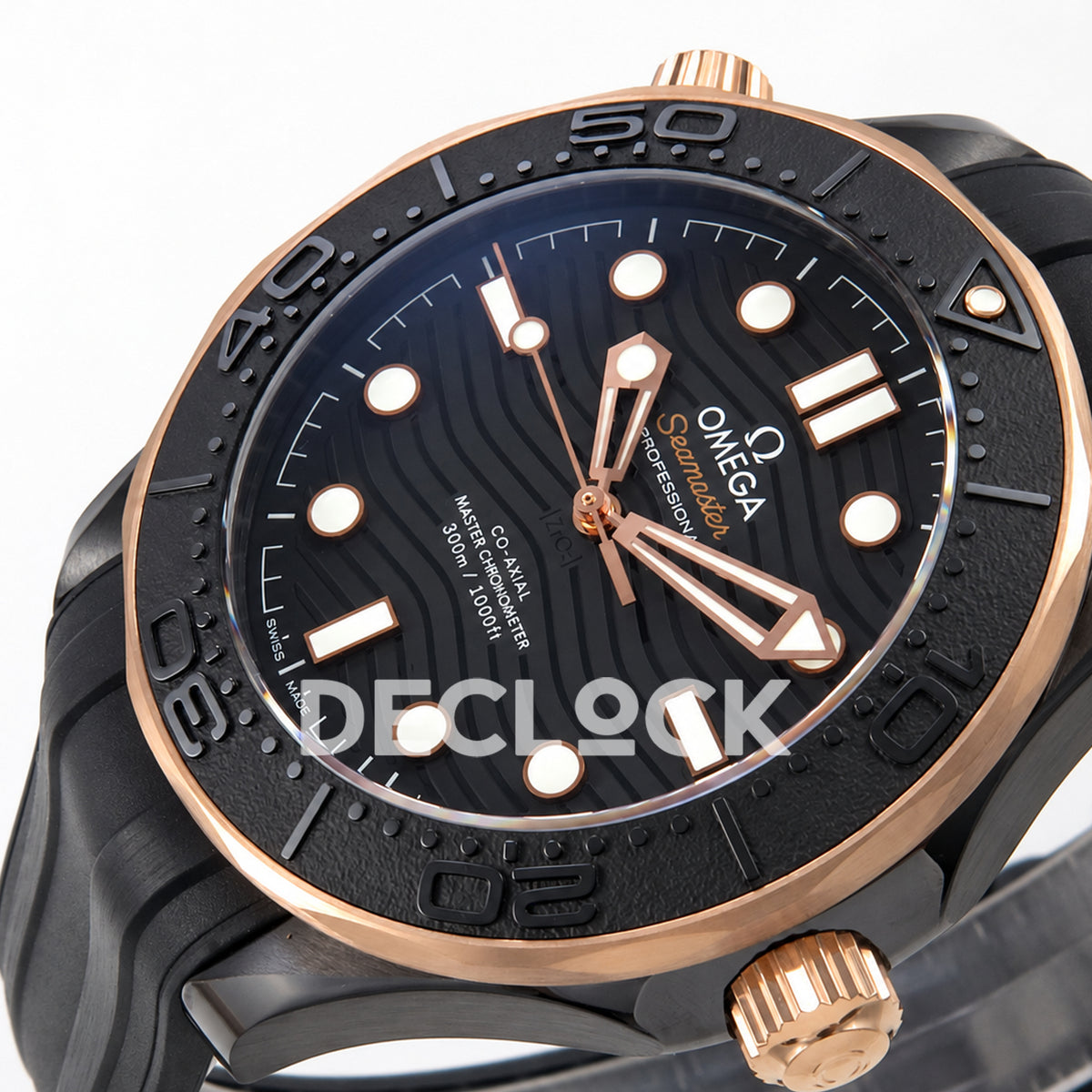 Omega Seamaster Diver 300M ORF black ceramic rose gold tone rubber 8806 Free Sprung — crown side dial view
