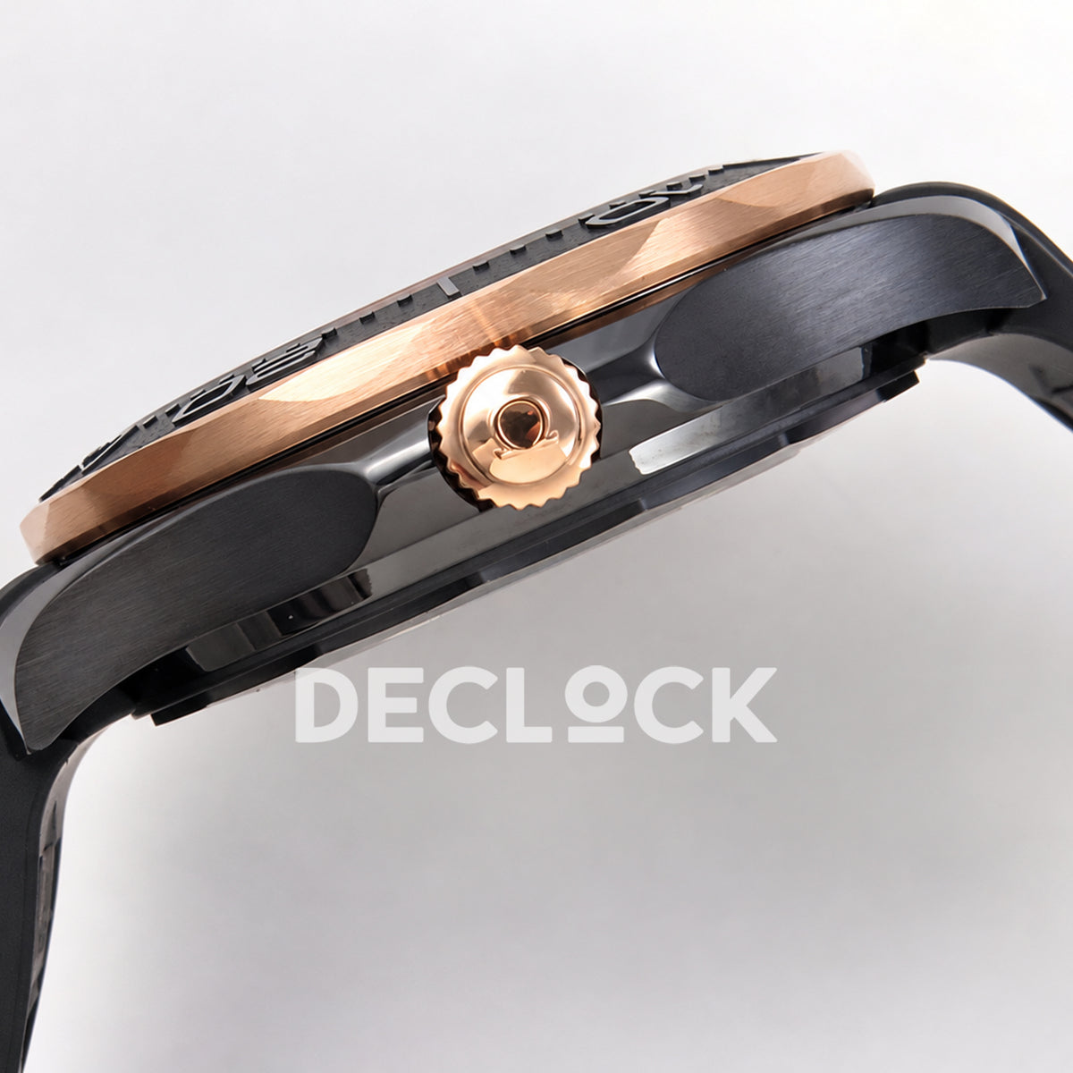 Omega Seamaster Diver 300M ORF black ceramic rose gold tone rubber 8806 Free Sprung — crown side profile