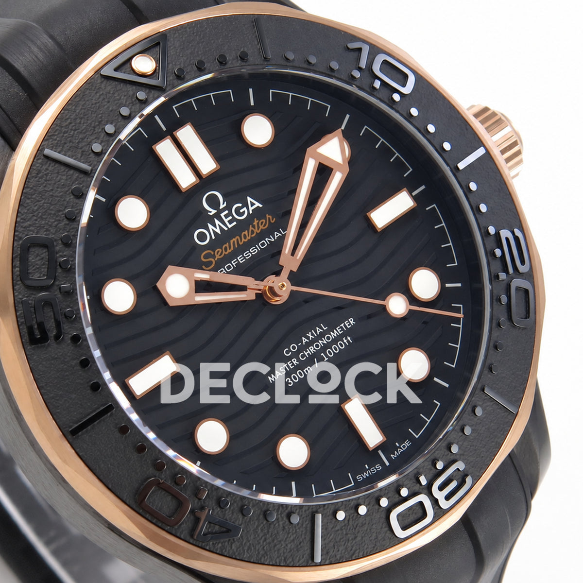 Omega Seamaster Diver 300M ORF black ceramic rose gold tone rubber 8806 Free Sprung — dial detail
