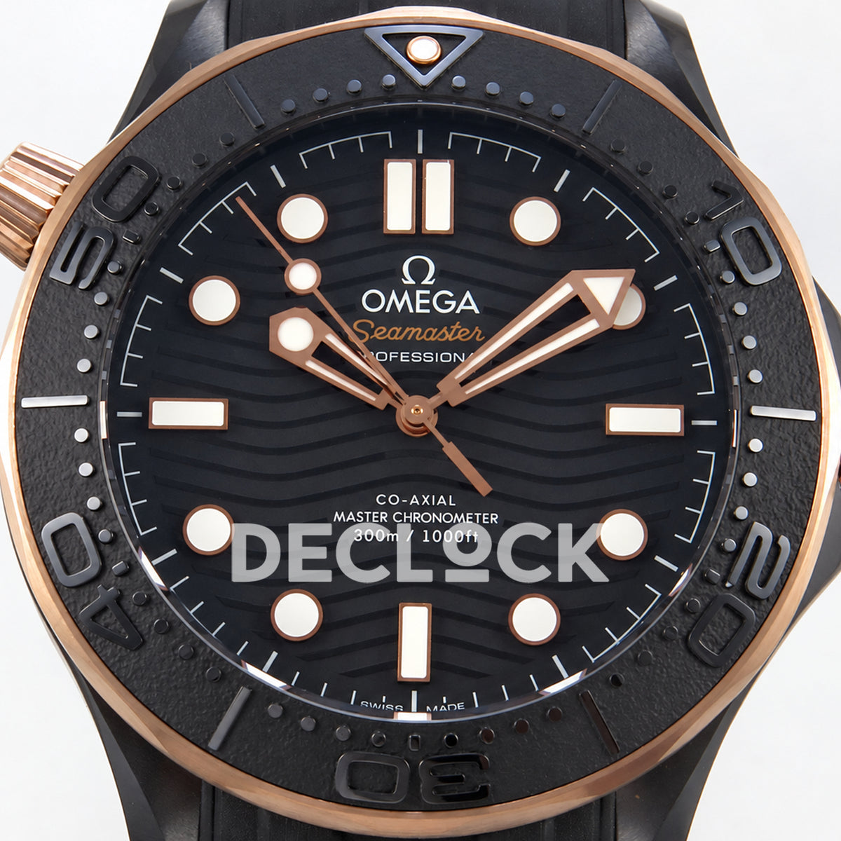 Omega Seamaster Diver 300M ORF black ceramic rose gold tone rubber 8806 Free Sprung — front dial close up