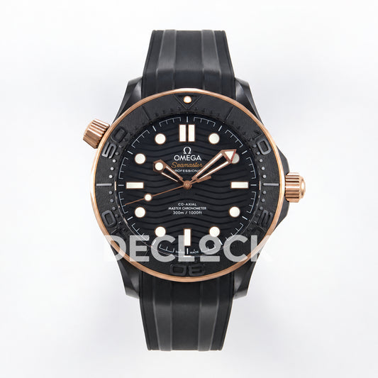 Omega Seamaster Diver 300M ORF black ceramic rose gold tone rubber 8806 Free Sprung — front view