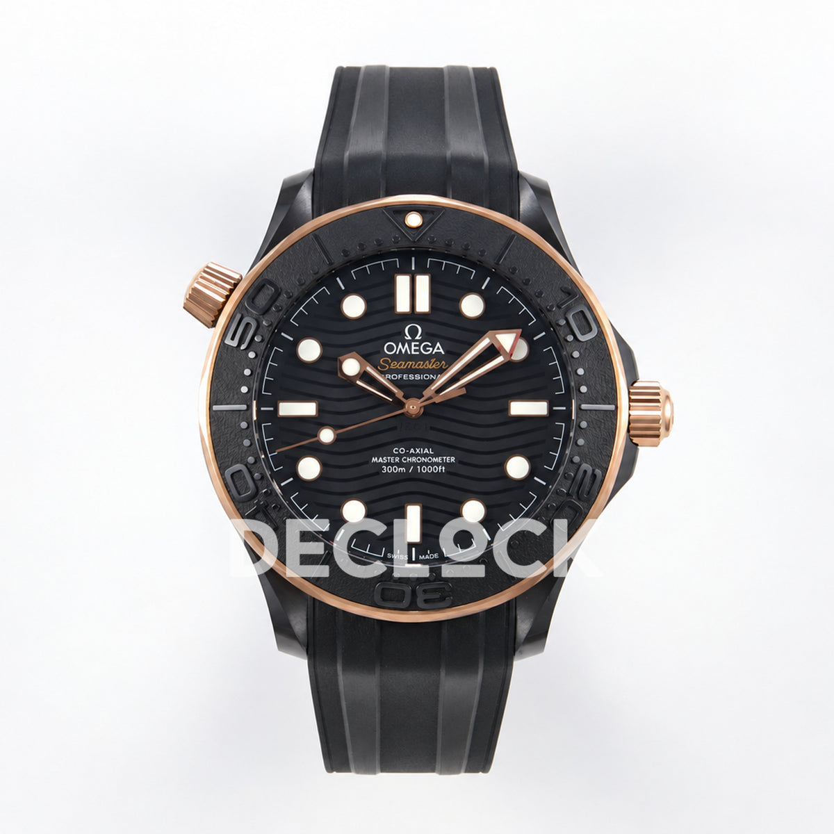 Omega Seamaster Diver 300M ORF black ceramic rose gold tone rubber 8806 Free Sprung — front view
