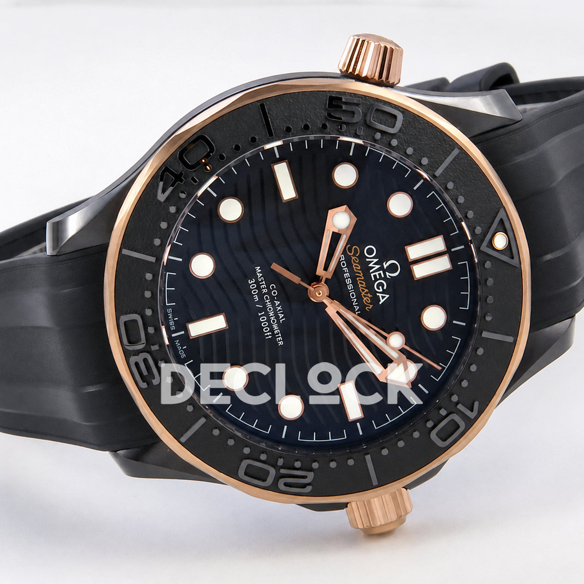 Omega Seamaster Diver 300M ORF black ceramic rose gold tone rubber 8806 Free Sprung — full watch angled view