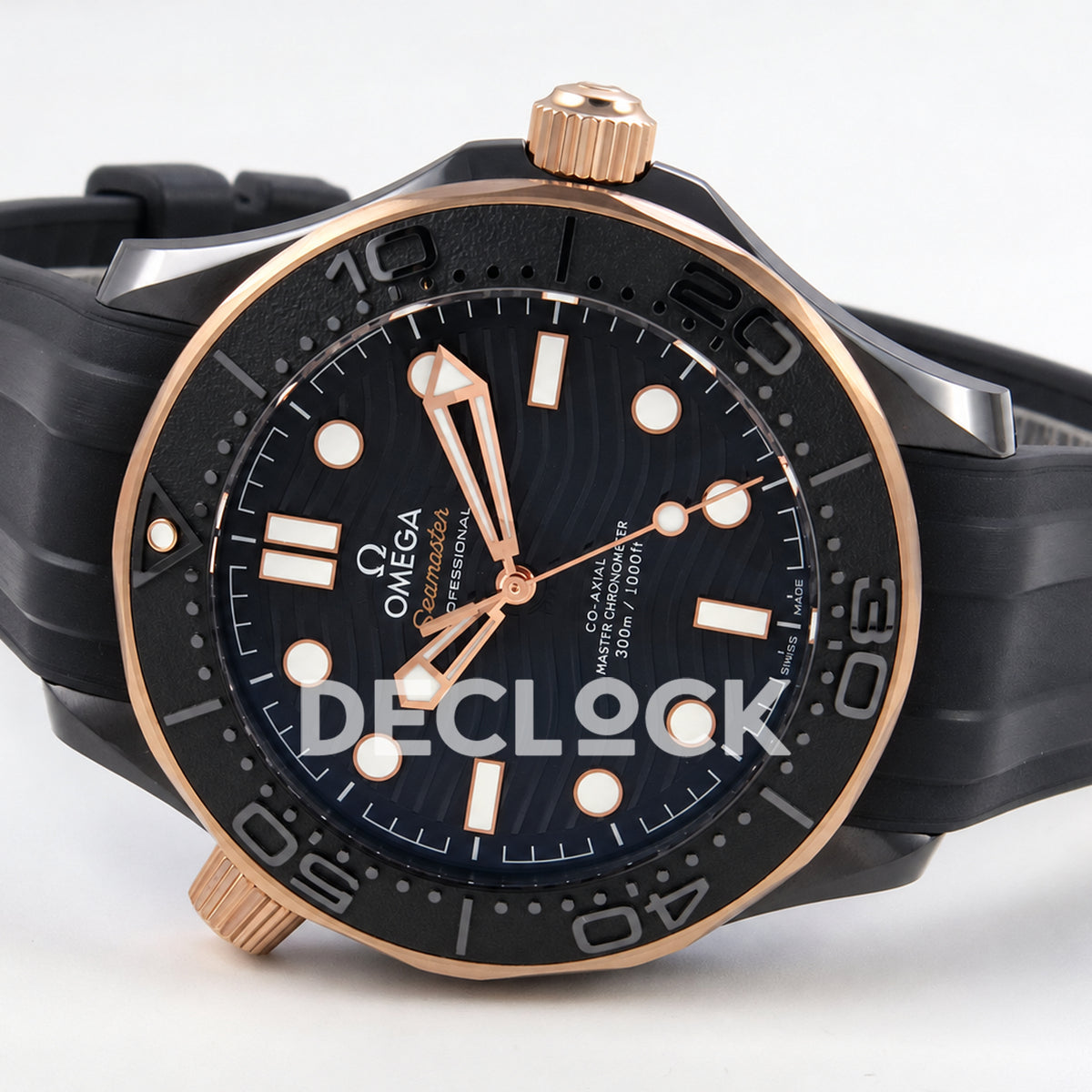 Omega Seamaster Diver 300M ORF black ceramic rose gold tone rubber 8806 Free Sprung — full watch side angle