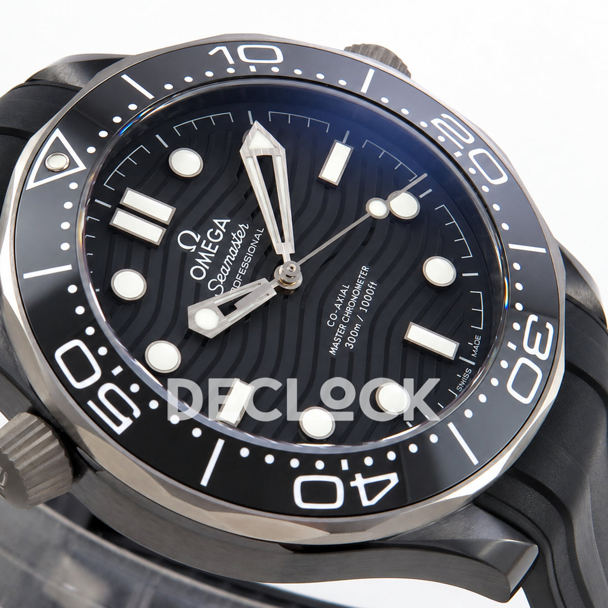 Omega Seamaster Diver 300M ORF black ceramic steel rubber 8806 Free Sprung — angled dial detail