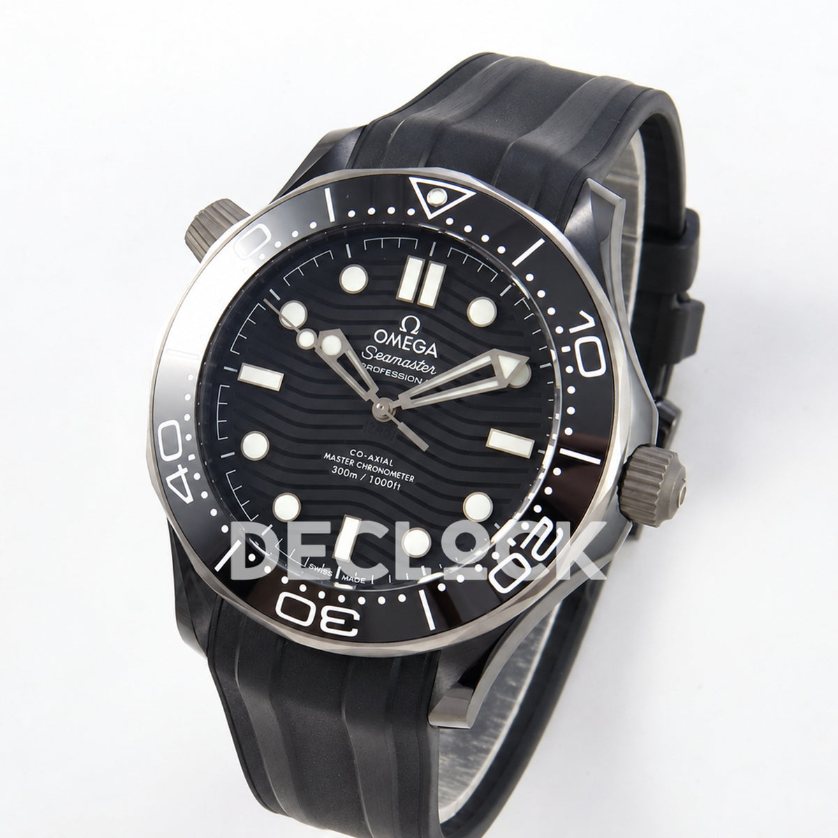 Omega Seamaster Diver 300M ORF black ceramic steel rubber 8806 Free Sprung — angled dial view