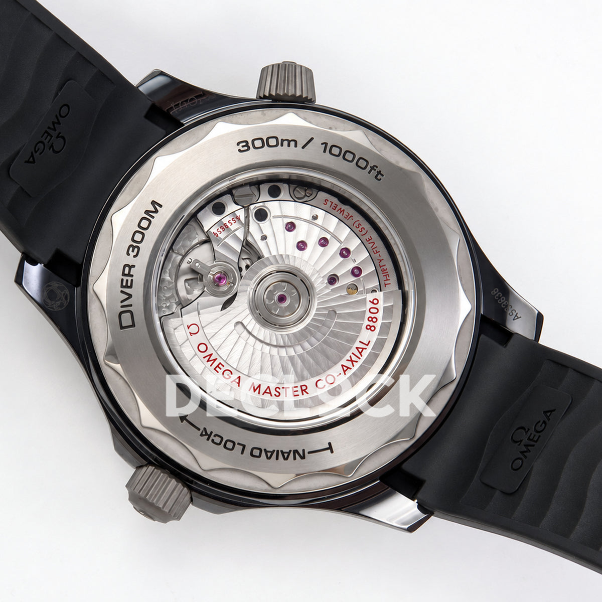 Omega Seamaster Diver 300M ORF black ceramic steel rubber 8806 Free Sprung — caseback view