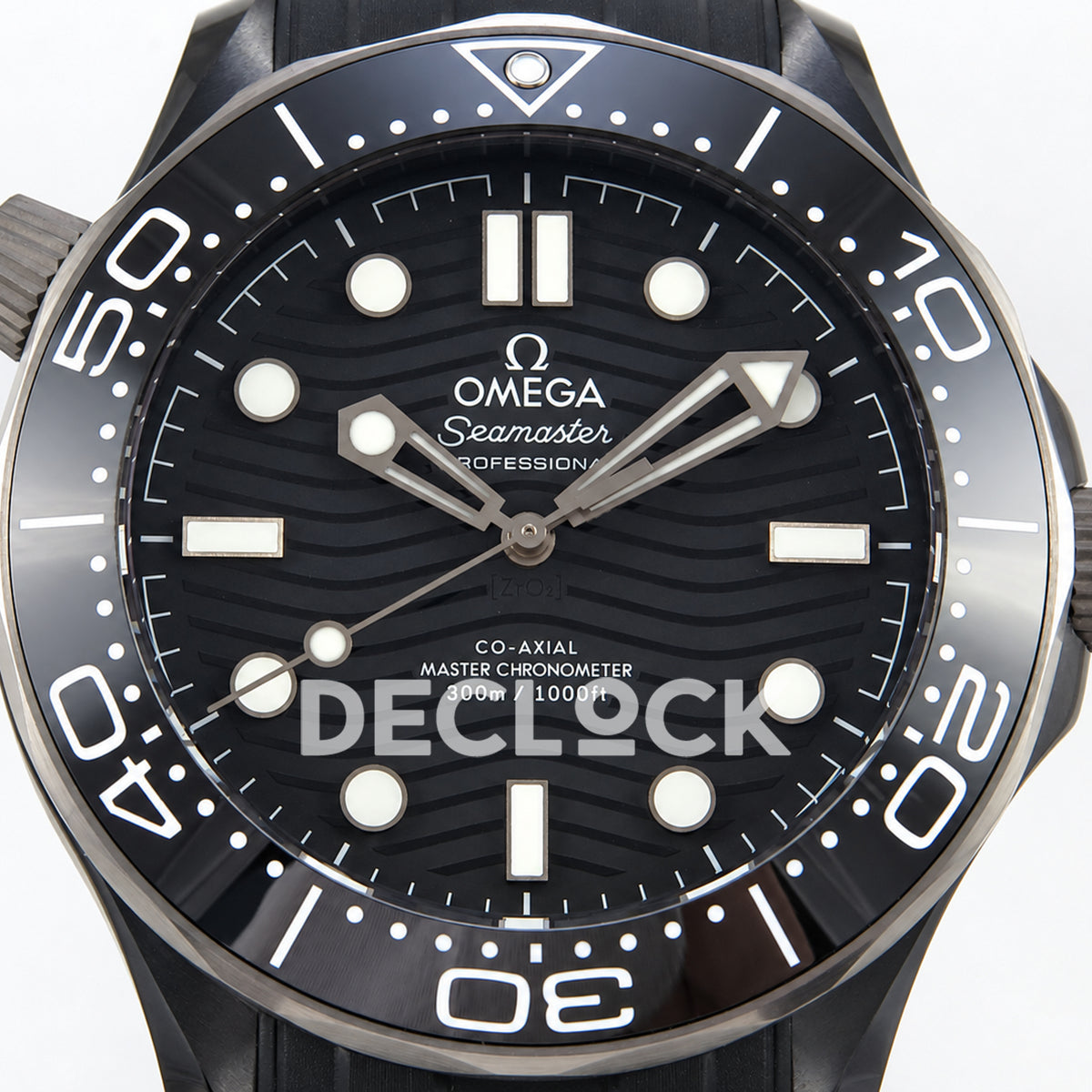 Omega Seamaster Diver 300M ORF black ceramic steel rubber 8806 Free Sprung — front dial close up