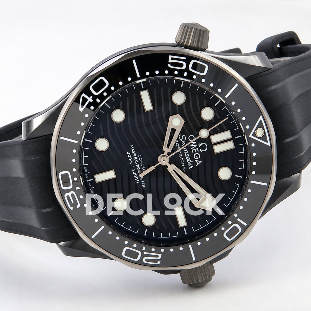 Omega Seamaster Diver 300M ORF black ceramic steel rubber 8806 Free Sprung — full watch angled view