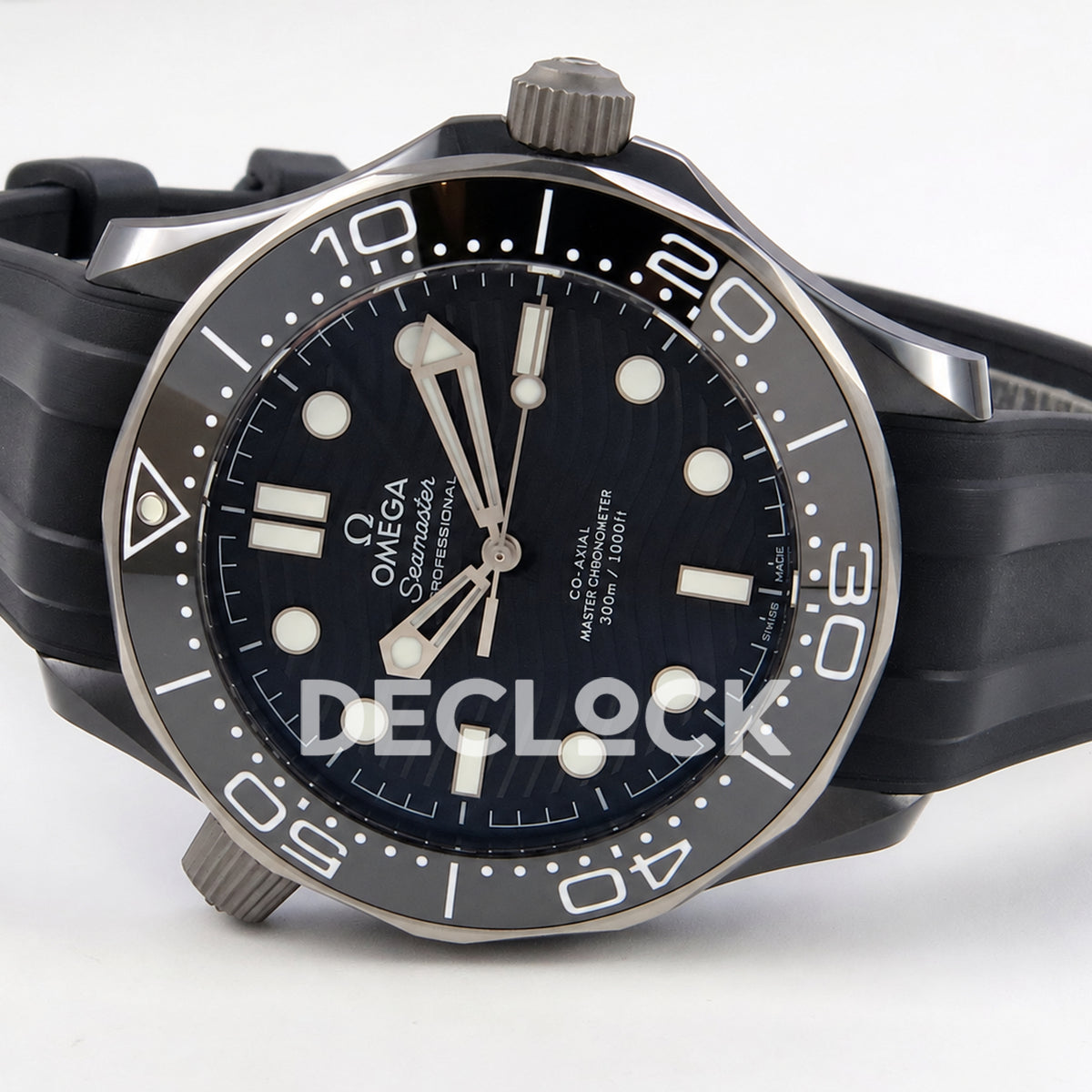 Omega Seamaster Diver 300M ORF black ceramic steel rubber 8806 Free Sprung — full watch side angle