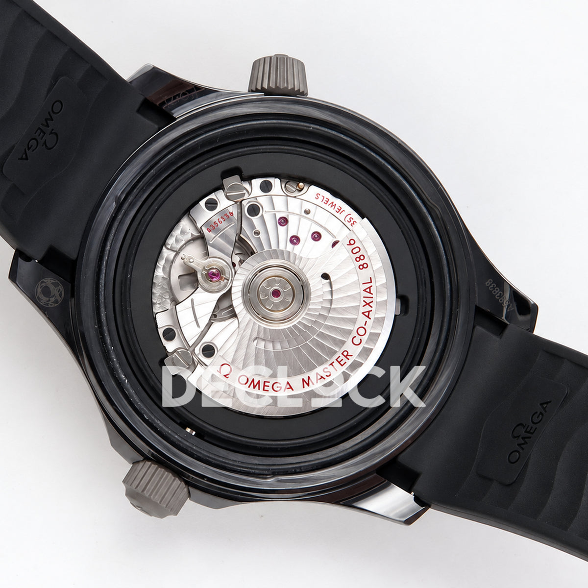 Omega Seamaster Diver 300M ORF black ceramic steel rubber 8806 Free Sprung — open caseback rotor view