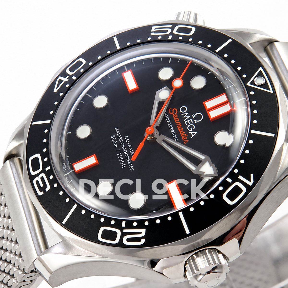 Omega Seamaster Diver 300M Black Dial Orange Second Hand Steel Mesh ORF 8806 Free Sprung — crown side dial view