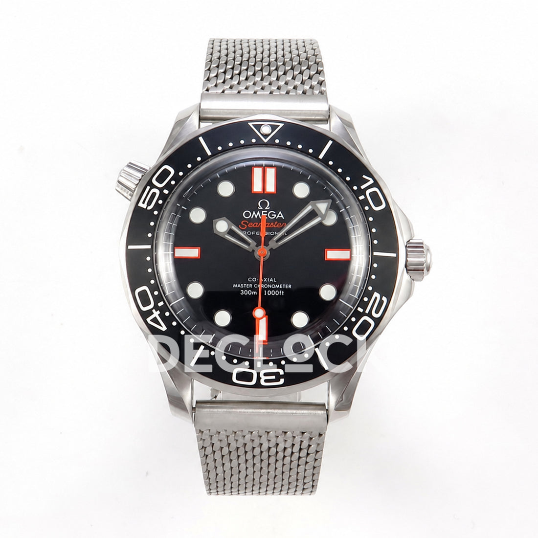 Omega Seamaster Diver 300M Black Dial Orange Second Hand Steel Mesh ORF 8806 Free Sprung — front view Seamaster Diver 300M