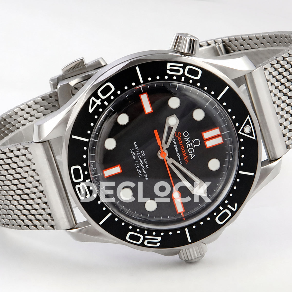 Omega Seamaster Diver 300M Black Dial Orange Second Hand Steel Mesh ORF 8806 Free Sprung — full watch angled view