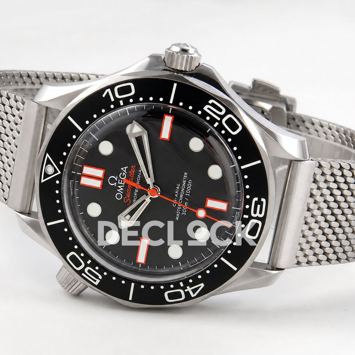 Omega Seamaster Diver 300M Black Dial Orange Second Hand Steel Mesh ORF 8806 Free Sprung — full watch side angle