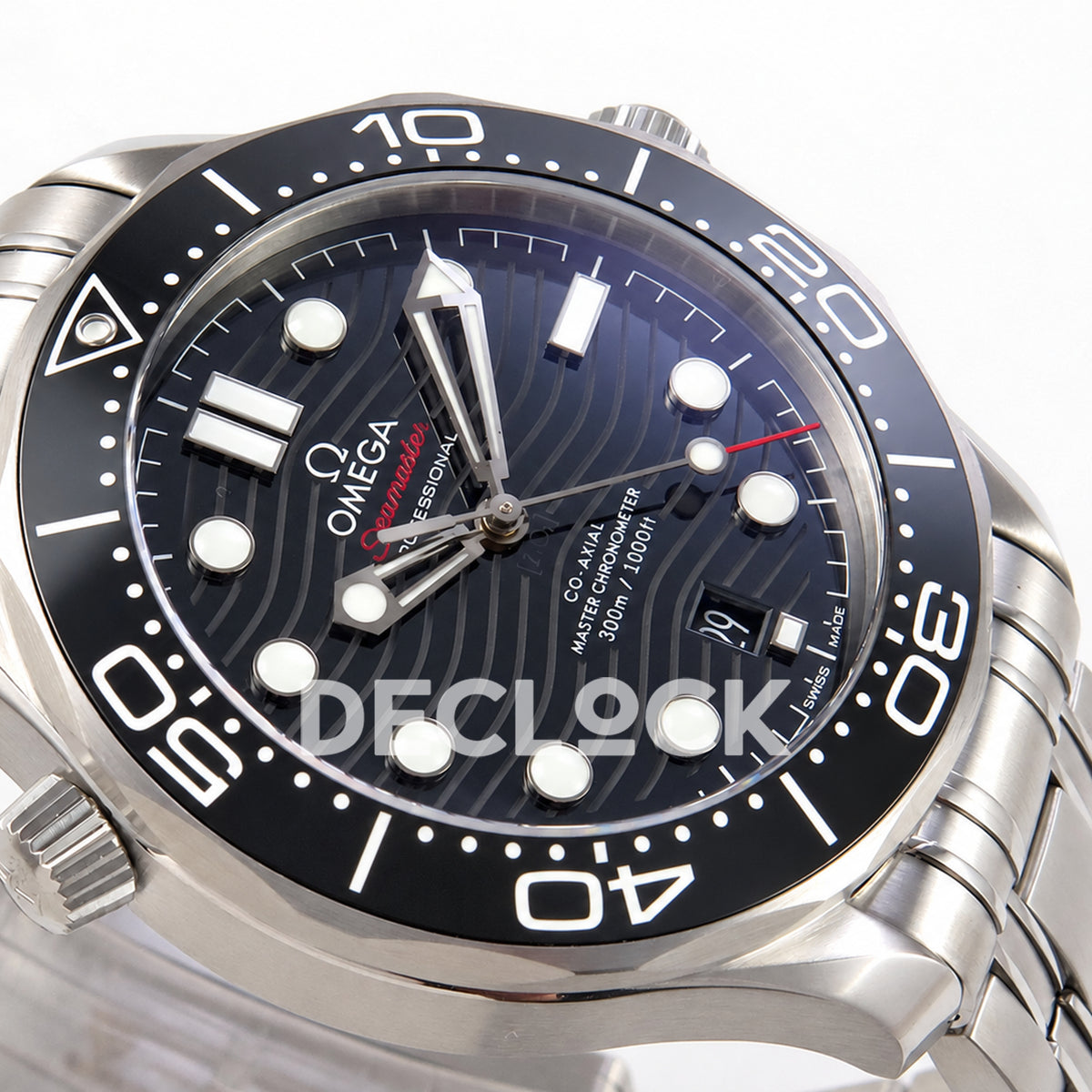 Omega Seamaster Diver 300M ORF black dial steel 8800 Free Sprung — angled dial detail