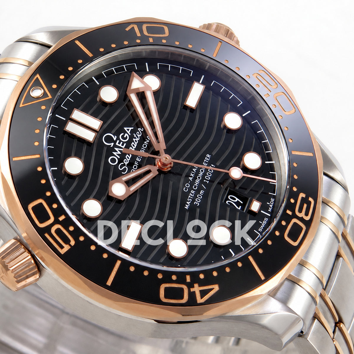Omega Seamaster Diver 300M ORF Black Steel Rose Gold 8800 Free Sprung — angled dial detail