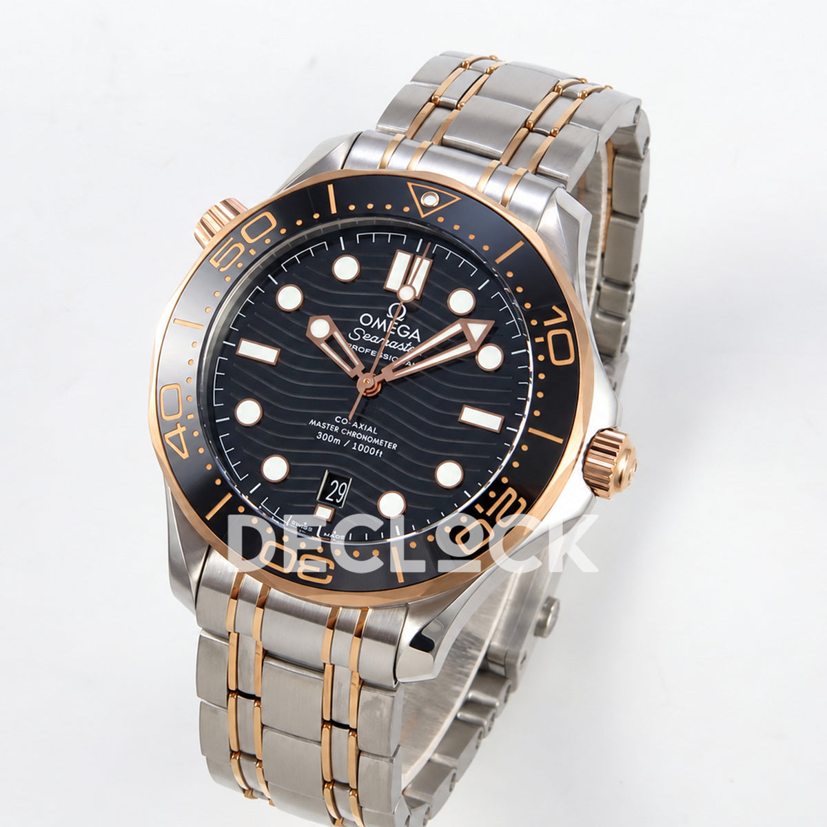 Omega Seamaster Diver 300M ORF Black Steel Rose Gold 8800 Free Sprung — angled dial view