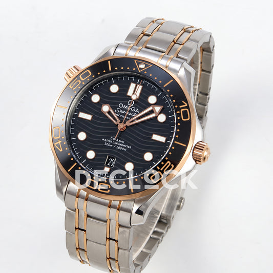 Omega Seamaster Diver 300M ORF Black Steel Rose Gold 8800 Free Sprung — angled dial view