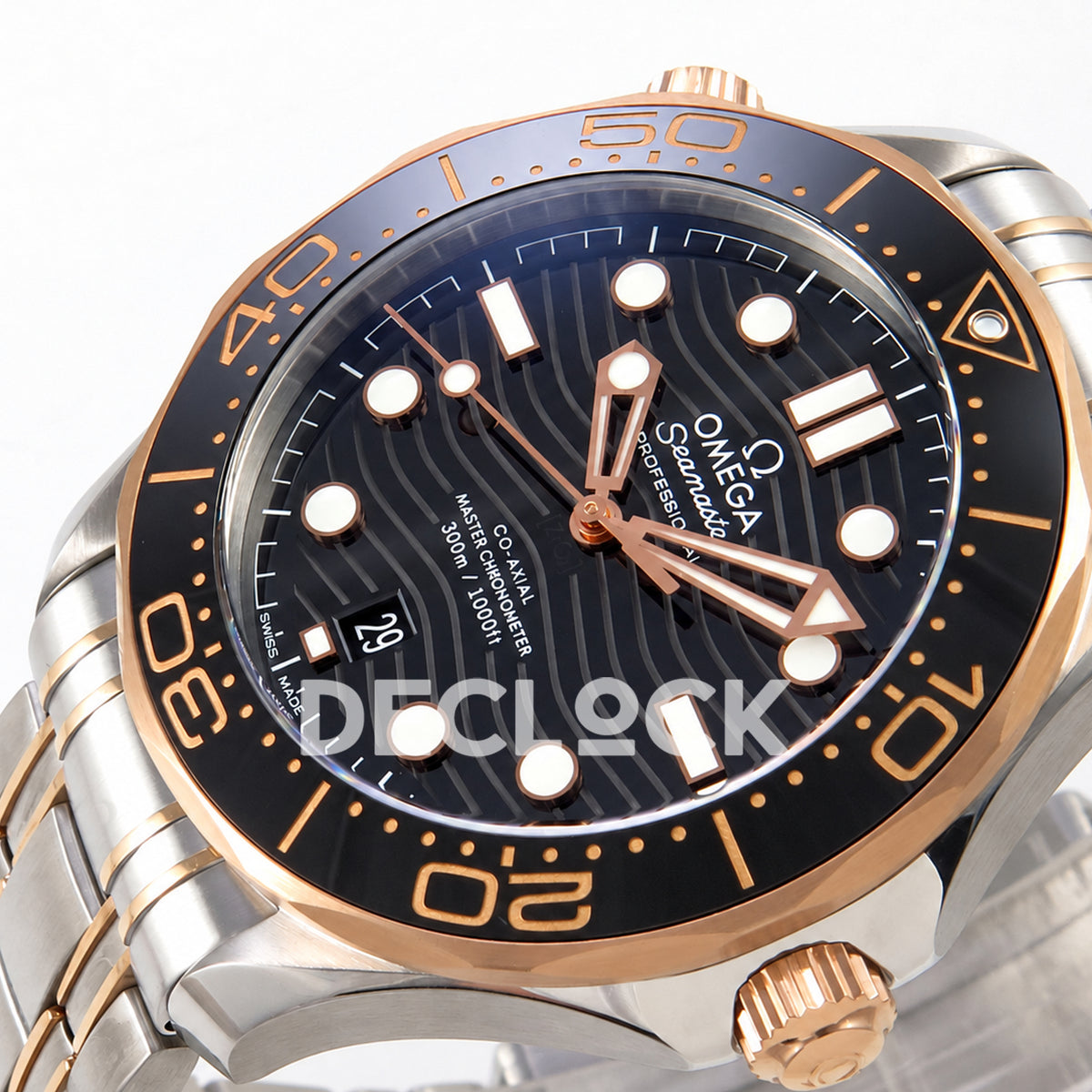 Omega Seamaster Diver 300M ORF Black Steel Rose Gold 8800 Free Sprung — crown side dial view