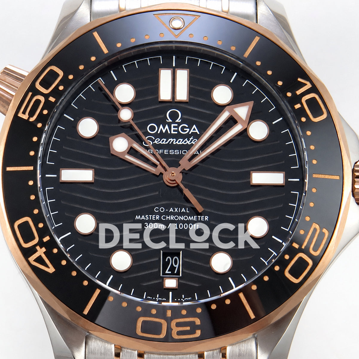 Omega Seamaster Diver 300M ORF Black Steel Rose Gold 8800 Free Sprung — front dial close up