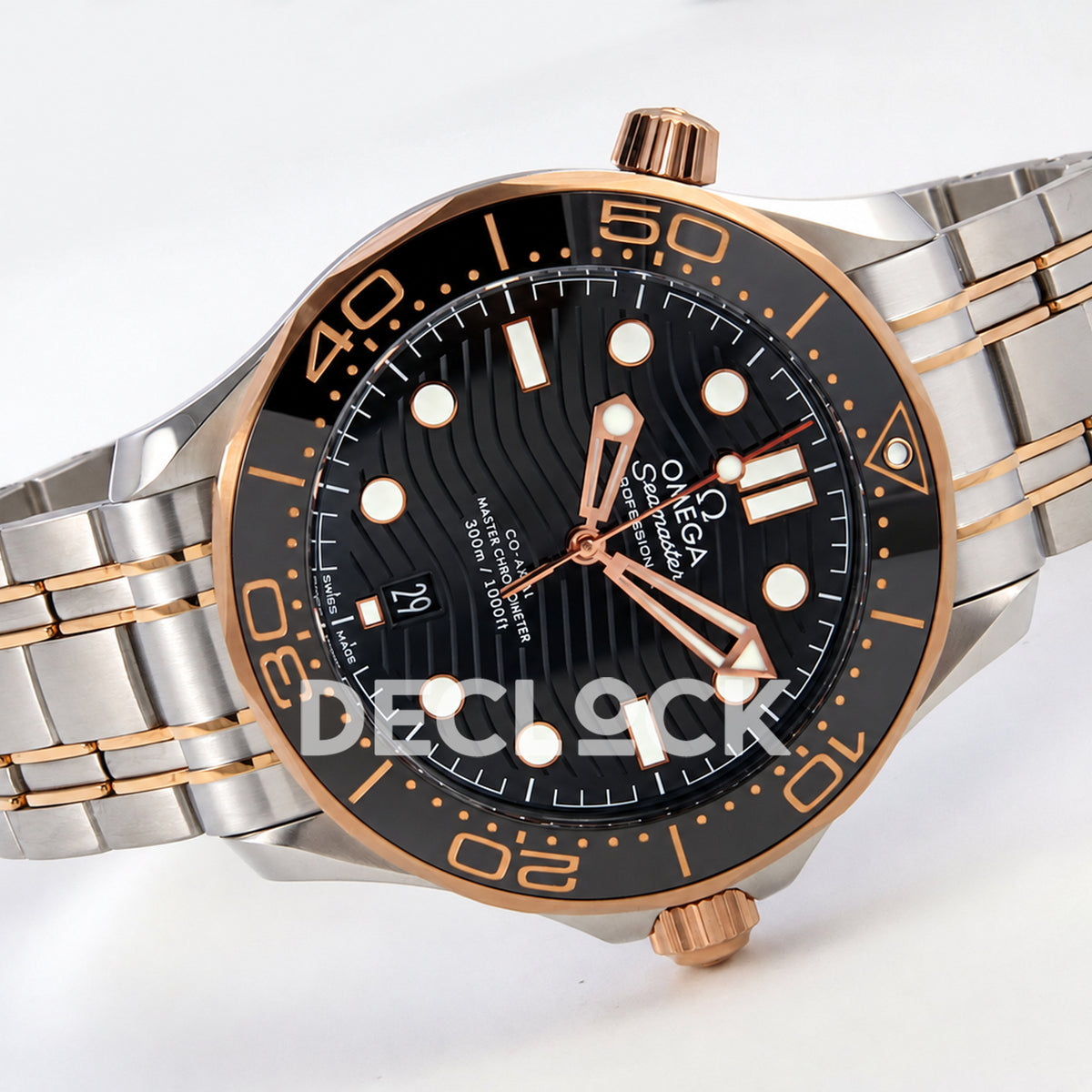 Omega Seamaster Diver 300M ORF Black Steel Rose Gold 8800 Free Sprung — full watch angled view