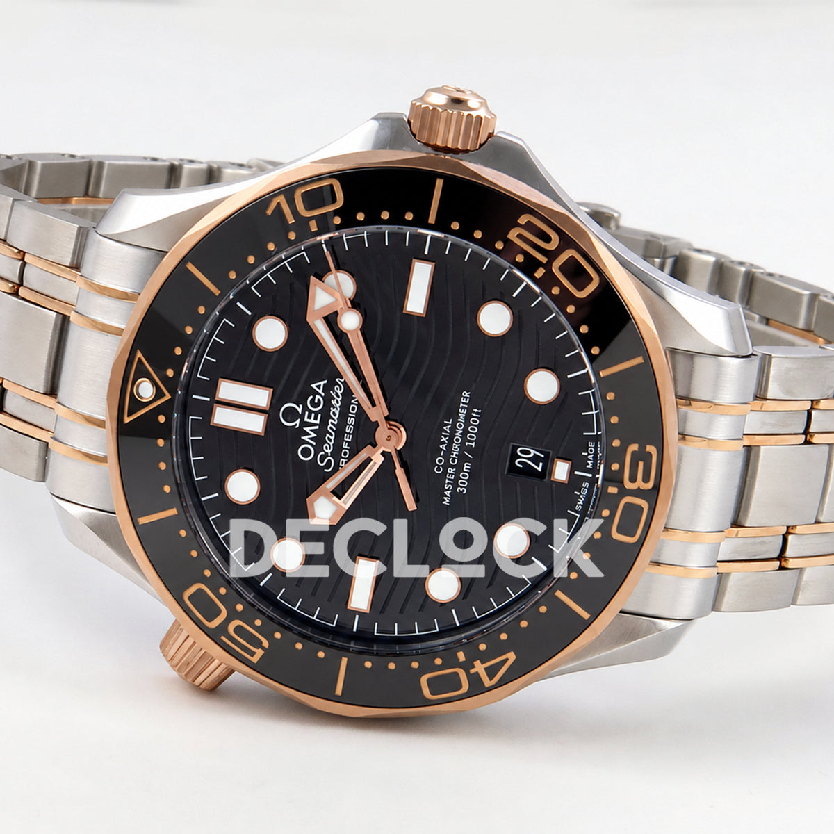 Omega Seamaster Diver 300M ORF Black Steel Rose Gold 8800 Free Sprung — full watch side angle
