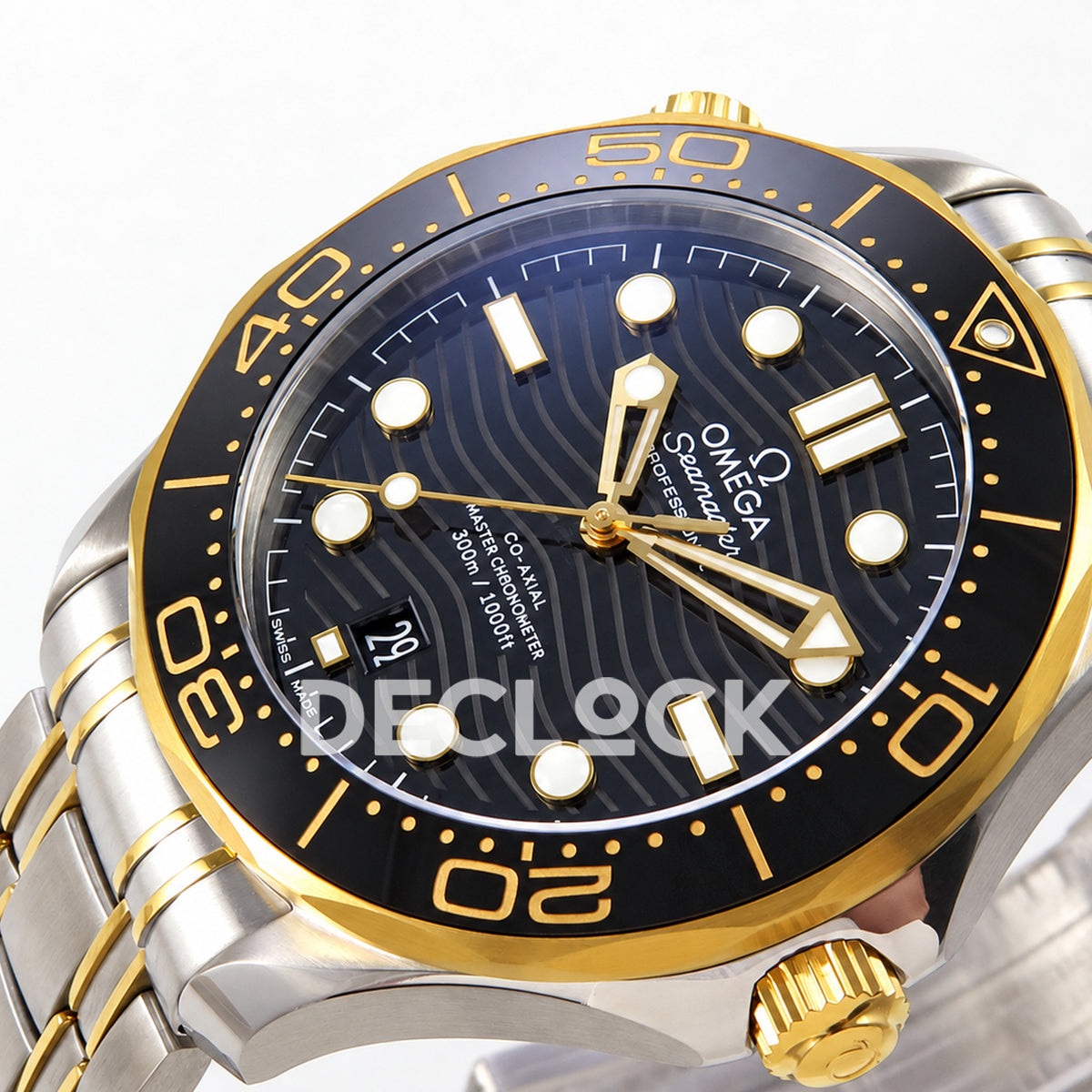 Omega Seamaster Diver 300M ORF black dial steel and yellow gold 8800 Free Sprung — crown side dial view
