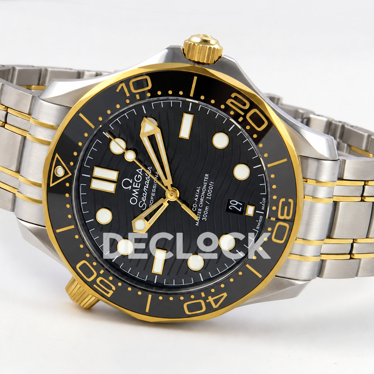 Omega Seamaster Diver 300M ORF black dial steel and yellow gold 8800 Free Sprung — full watch side angle