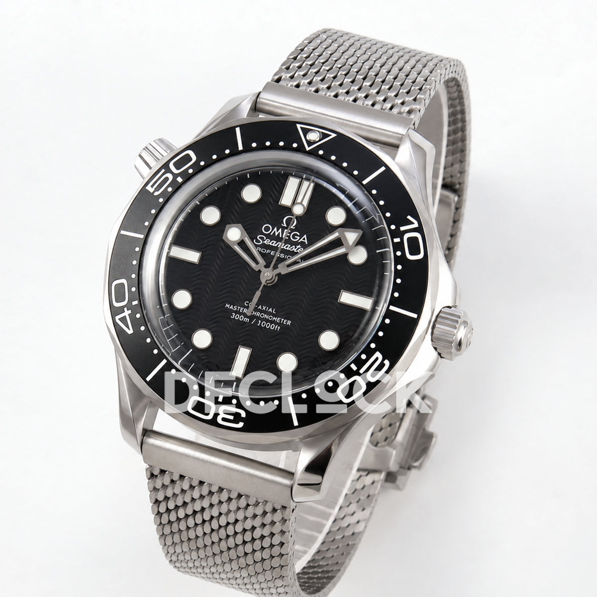 Omega Seamaster Diver 300M Black Wave Dial Steel Mesh ORF 8806 Free Sprung — angled dial view