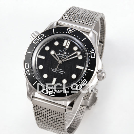 Omega Seamaster Diver 300M Black Wave Dial Steel Mesh ORF 8806 Free Sprung — angled dial view