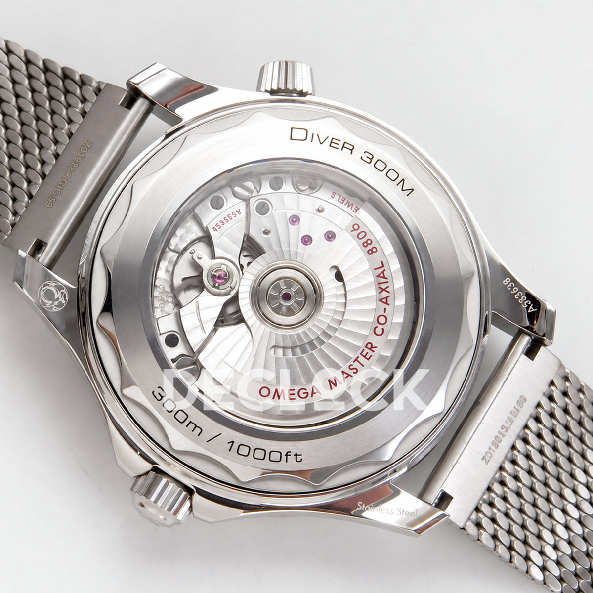 Omega Seamaster Diver 300M Black Wave Dial Steel Mesh ORF 8806 Free Sprung — caseback view
