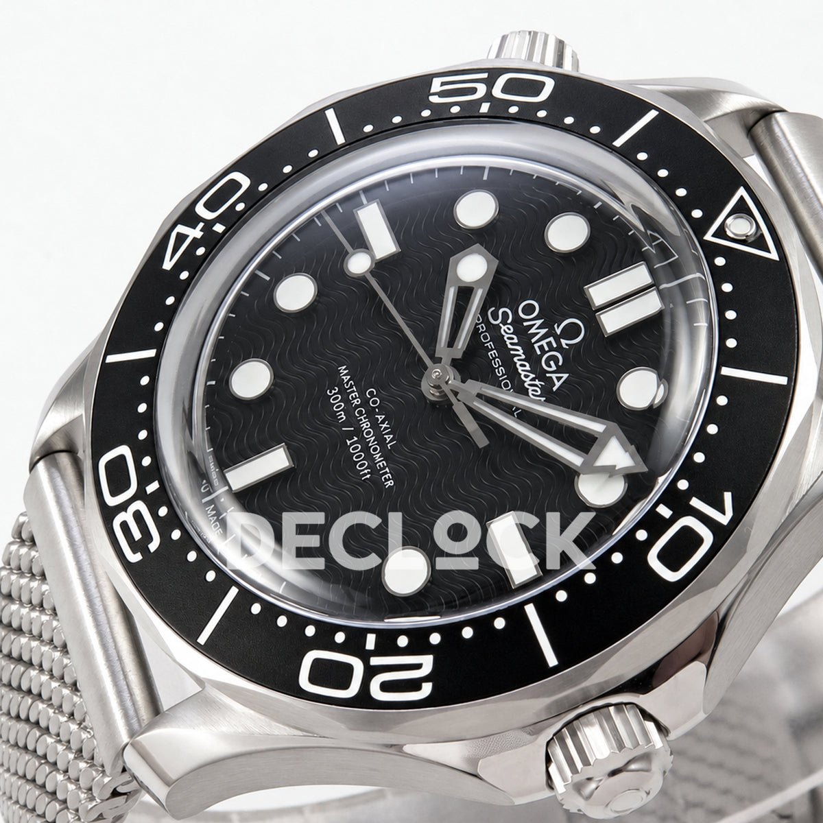 Omega Seamaster Diver 300M Black Wave Dial Steel Mesh ORF 8806 Free Sprung — crown side dial view