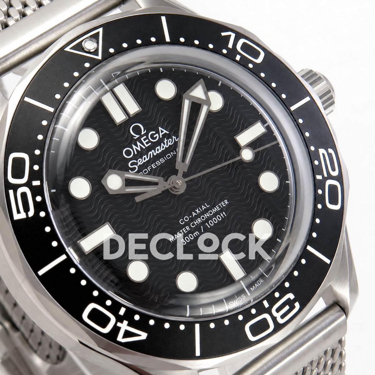 Omega Seamaster Diver 300M Black Wave Dial Steel Mesh ORF 8806 Free Sprung — dial detail