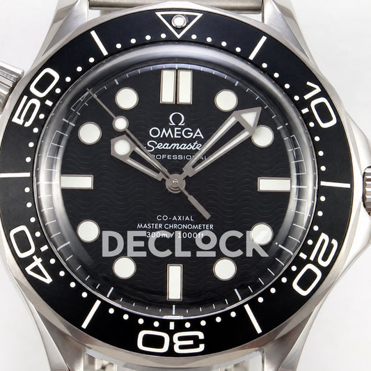 Omega Seamaster Diver 300M Black Wave Dial Steel Mesh ORF 8806 Free Sprung — front dial close up