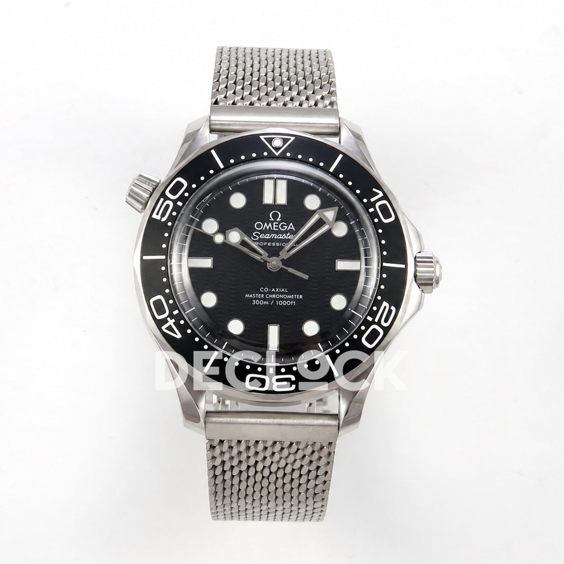 Omega Seamaster Diver 300M Black Wave Dial Steel Mesh ORF 8806 Free Sprung — front view Seamaster Diver 300M
