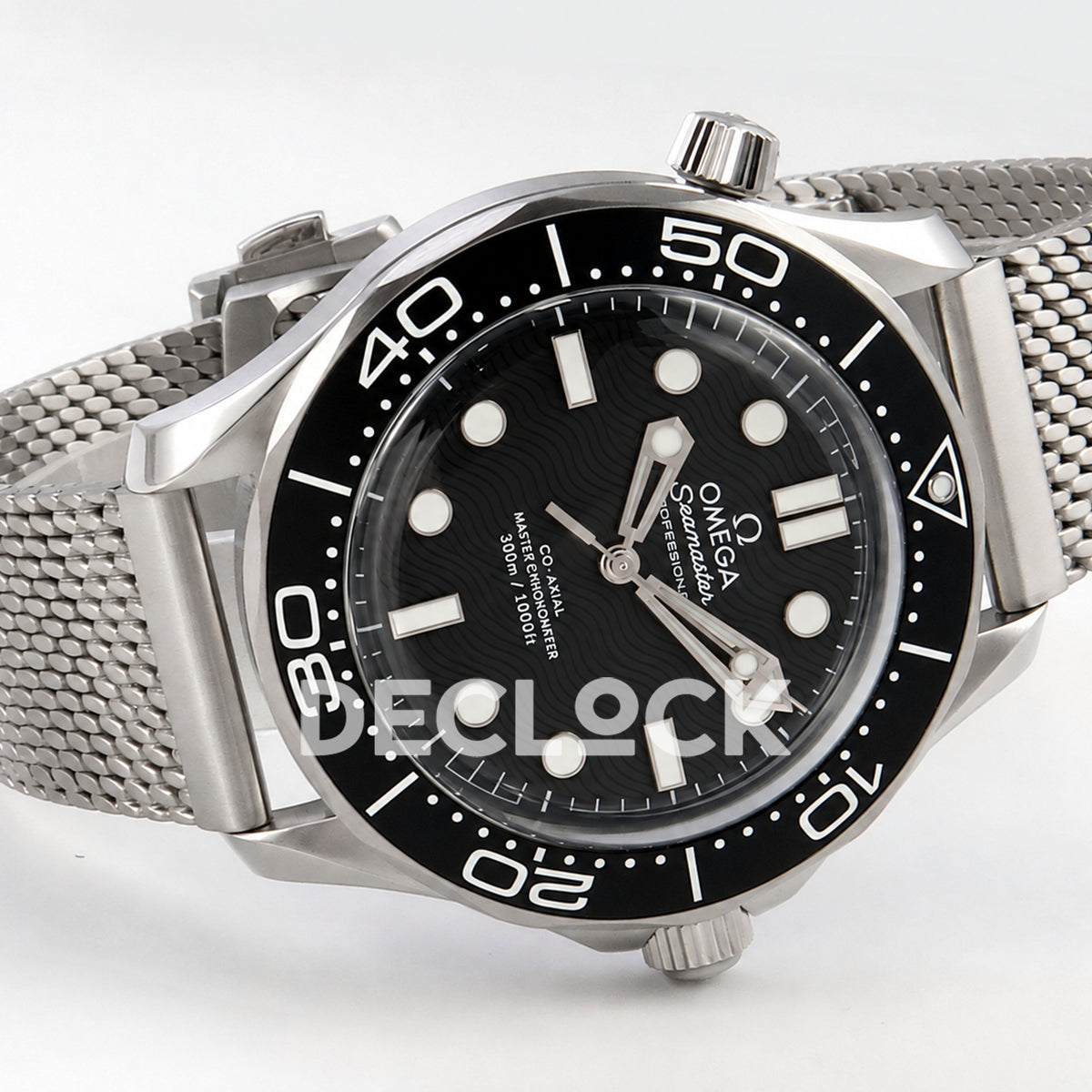 Omega Seamaster Diver 300M Black Wave Dial Steel Mesh ORF 8806 Free Sprung — full watch angled view