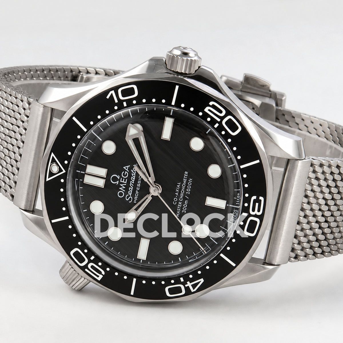 Omega Seamaster Diver 300M Black Wave Dial Steel Mesh ORF 8806 Free Sprung — full watch side angle