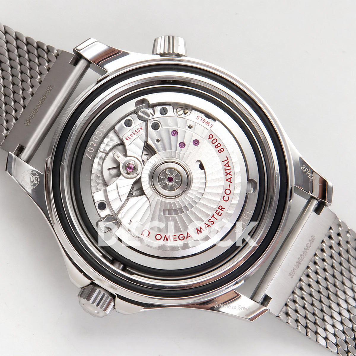 Omega Seamaster Diver 300M Black Wave Dial Steel Mesh ORF 8806 Free Sprung — open caseback rotor view