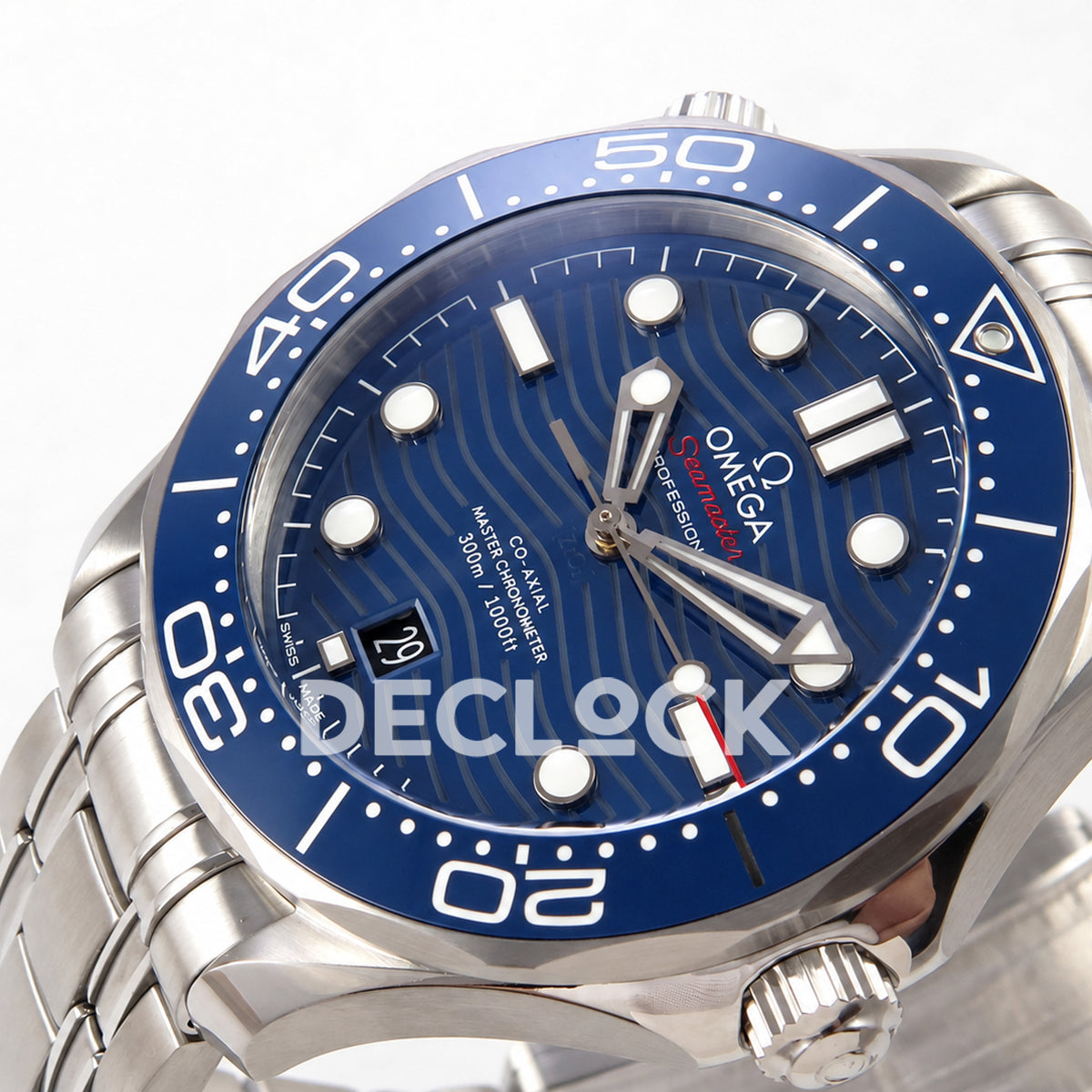 Omega Seamaster Diver 300M ORF blue dial steel 8800 Free Sprung — crown side dial view