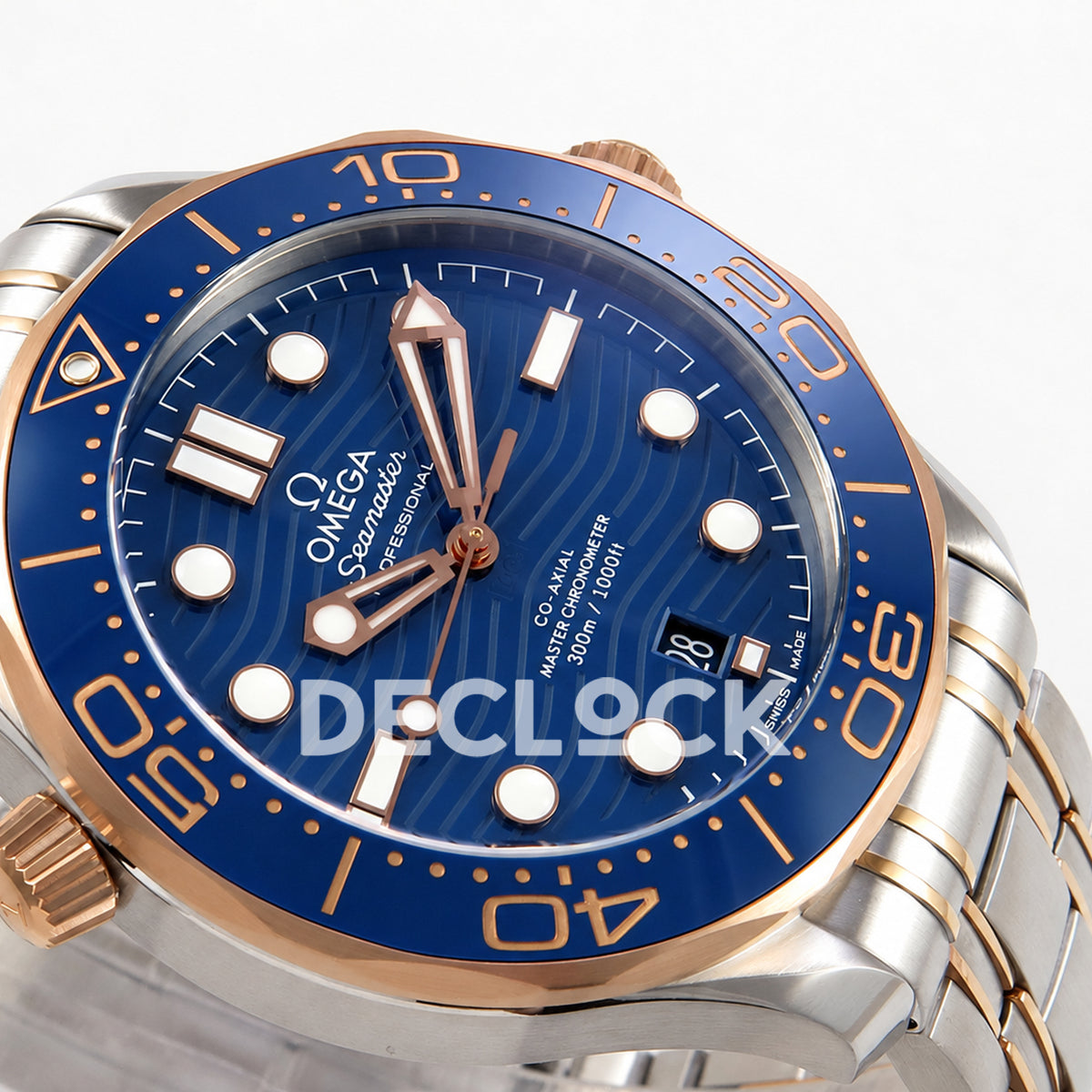 Omega Seamaster Diver 300M ORF Blue Steel Rose Gold 8800 Free Sprung — angled dial detail