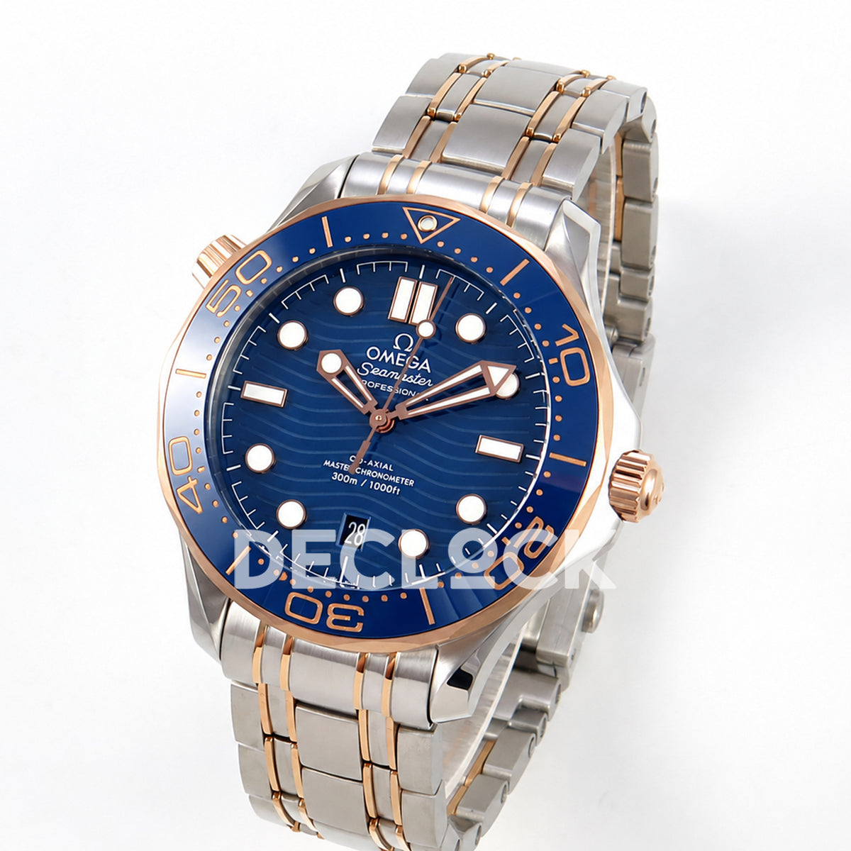 Omega Seamaster Diver 300M ORF Blue Steel Rose Gold 8800 Free Sprung — angled dial view