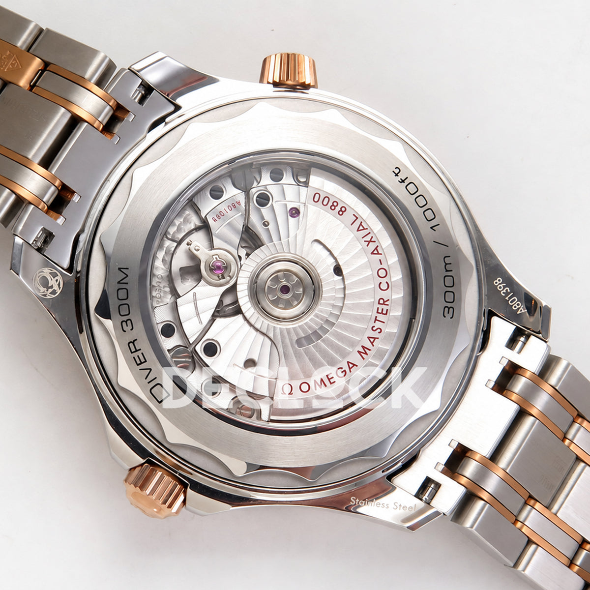 Omega Seamaster Diver 300M ORF Blue Steel Rose Gold 8800 Free Sprung — caseback view