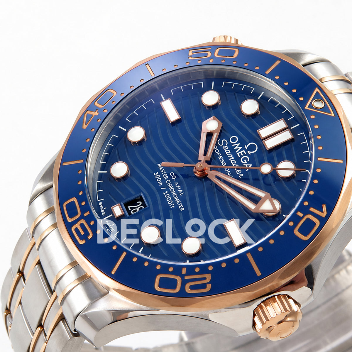 Omega Seamaster Diver 300M ORF Blue Steel Rose Gold 8800 Free Sprung — crown side dial view
