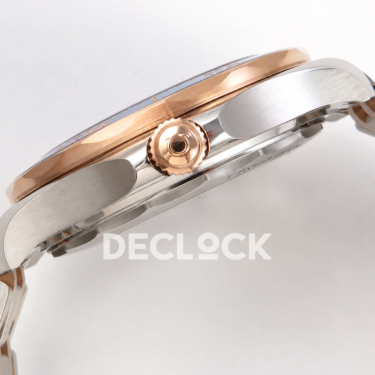 Omega Seamaster Diver 300M ORF Blue Steel Rose Gold 8800 Free Sprung — crown side profile