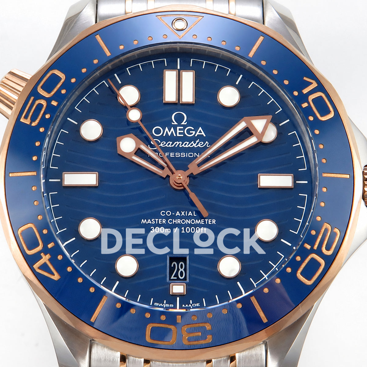 Omega Seamaster Diver 300M ORF Blue Steel Rose Gold 8800 Free Sprung — front dial close up