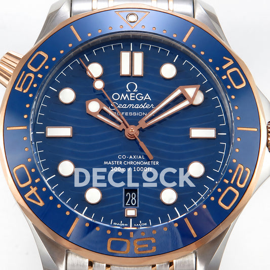 Omega Seamaster Diver 300M ORF Blue Steel Rose Gold 8800 Free Sprung — front dial close up