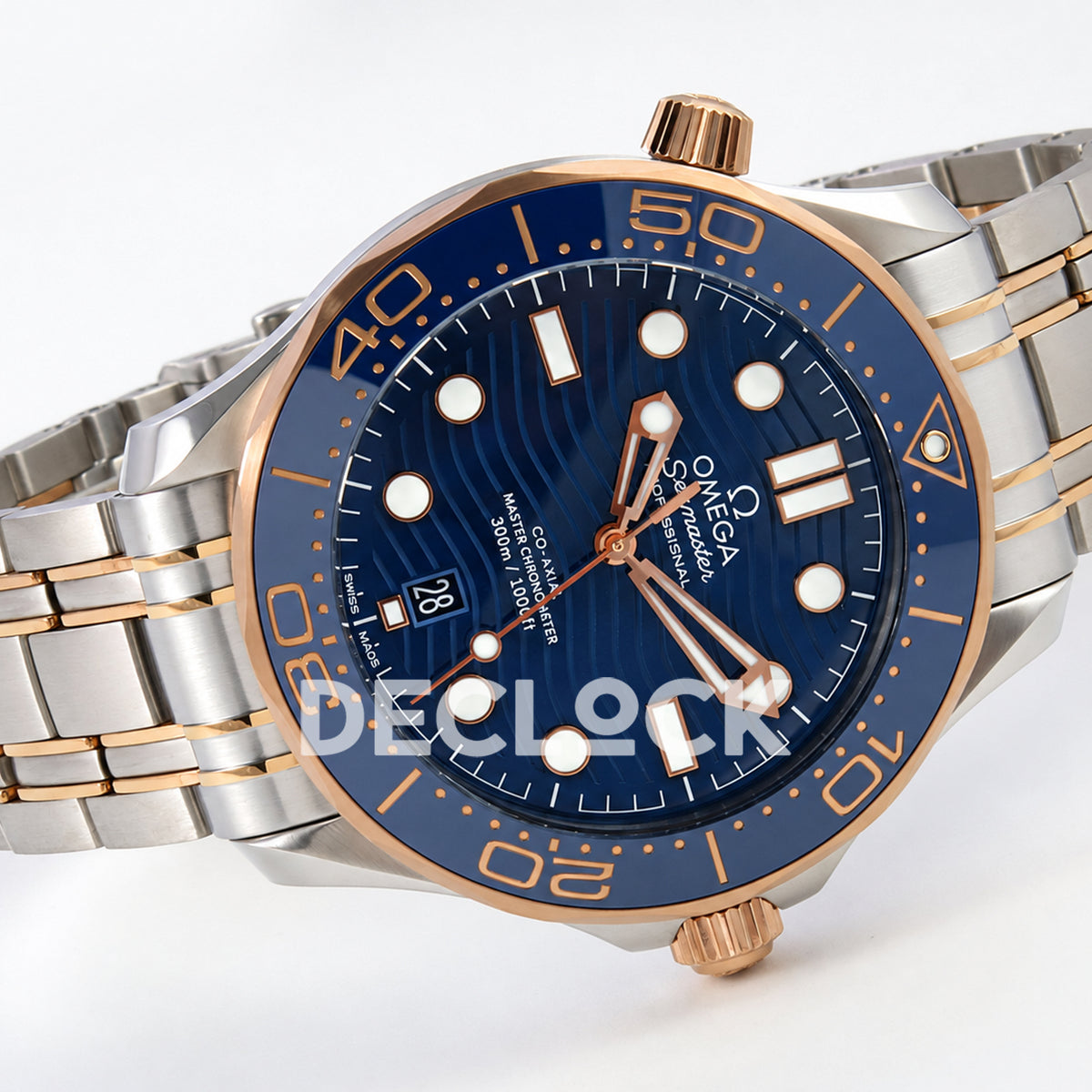 Omega Seamaster Diver 300M ORF Blue Steel Rose Gold 8800 Free Sprung — full watch angled view