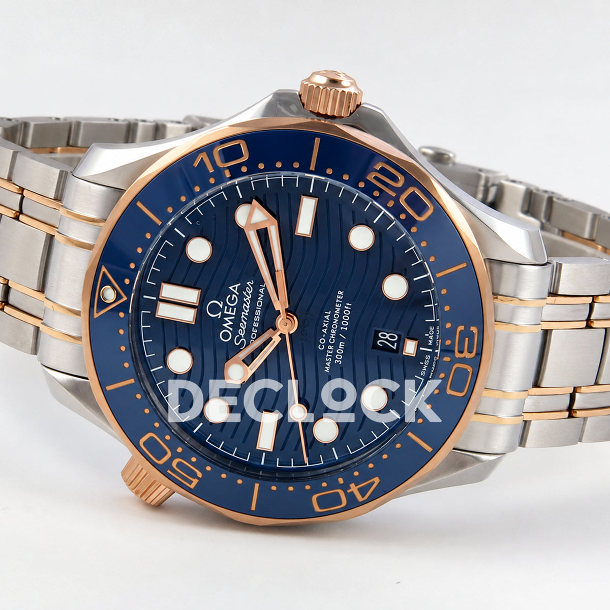 Omega Seamaster Diver 300M ORF Blue Steel Rose Gold 8800 Free Sprung — full watch side angle